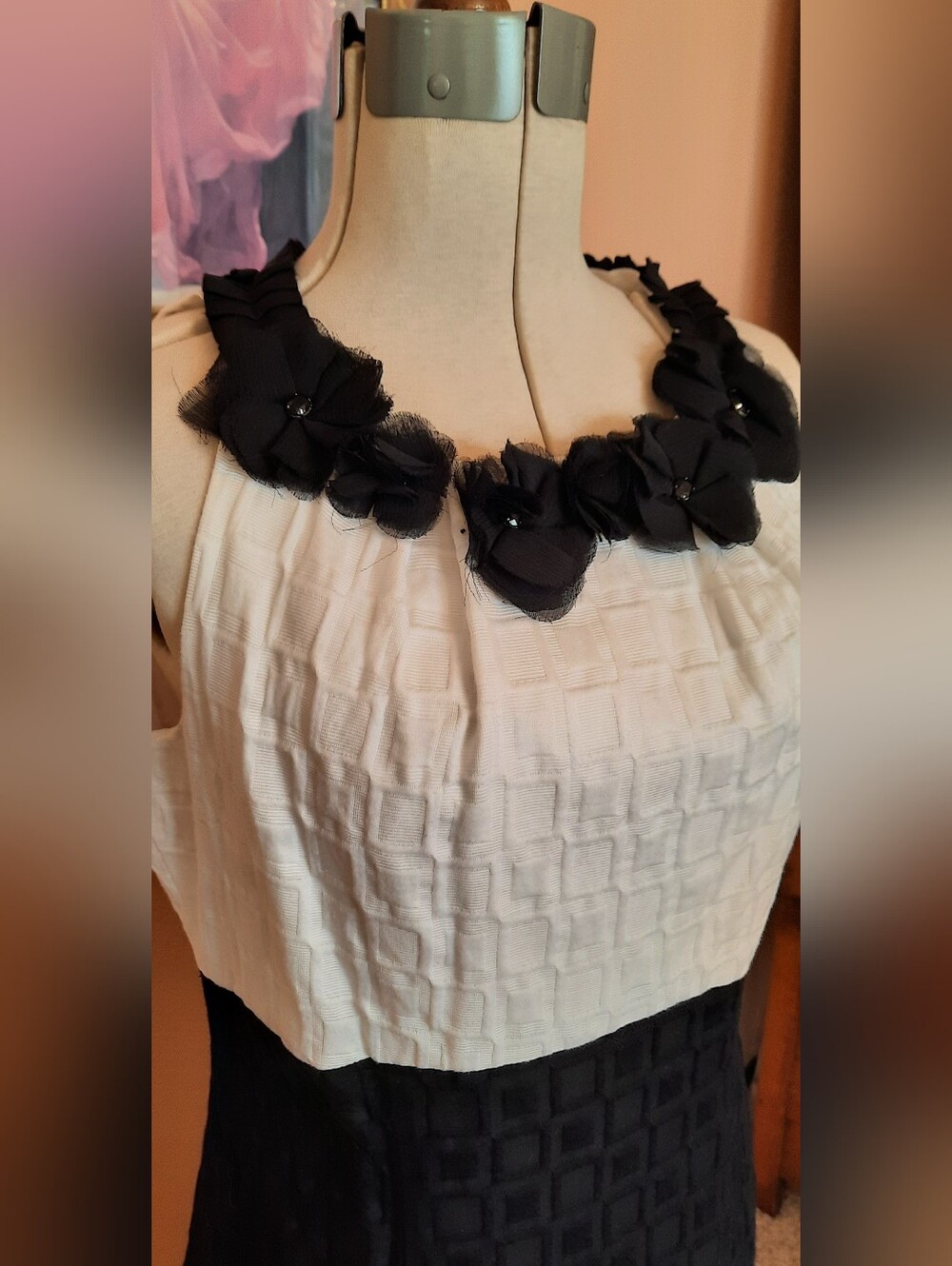 Taylor Black & White Floral-Embellished Dress.